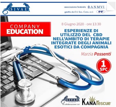 Webinar 8 giugno h. 13.30 “Company education: esperienze di utilizzo del CBD nell’ambito di terapie integrate degli animali esotici da compagnia”