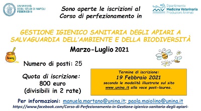 Corso di perfezionamento in GESTIONE IGIENICO SANITARIA DEGLI APIARI A SALVAGUARDIA DELL’AMBIENTE E DELLA BIODIVERSITÀ