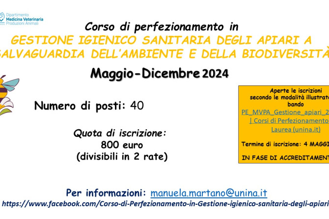 Corso di perfezionamento UniNA: “GESTIONE IGIENICO SANITARIA DEGLI APIARI A SALVAGUARDIA DELL’AMBIENTE E DELLA BIODIVERSITÀ” – Edizione 2024