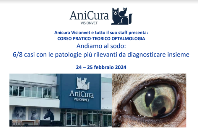 Corso Anicura Visionvet: “CORSO PRATICO-TEORICO OFTALMOLOGIA. Andiamo al sodo:  6/8 casi con le patologie più rilevanti da diagnosticare insieme” – 24 – 25 febbraio 2024