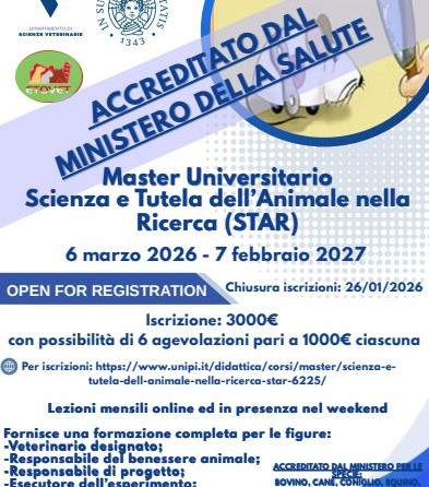 Master II livello – UNIPI: “Scienza e Tutela degli Animali nella Ricerca (STAR)”
