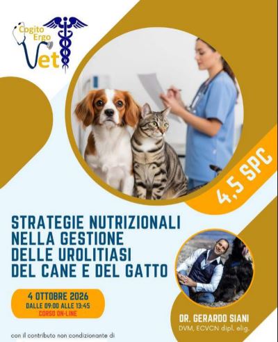 Corso online – Cogito Ergo Vet: “Strategie nutrizionali nella gestione delle urolitiasi del cane e del gatto” – 4/10/2026