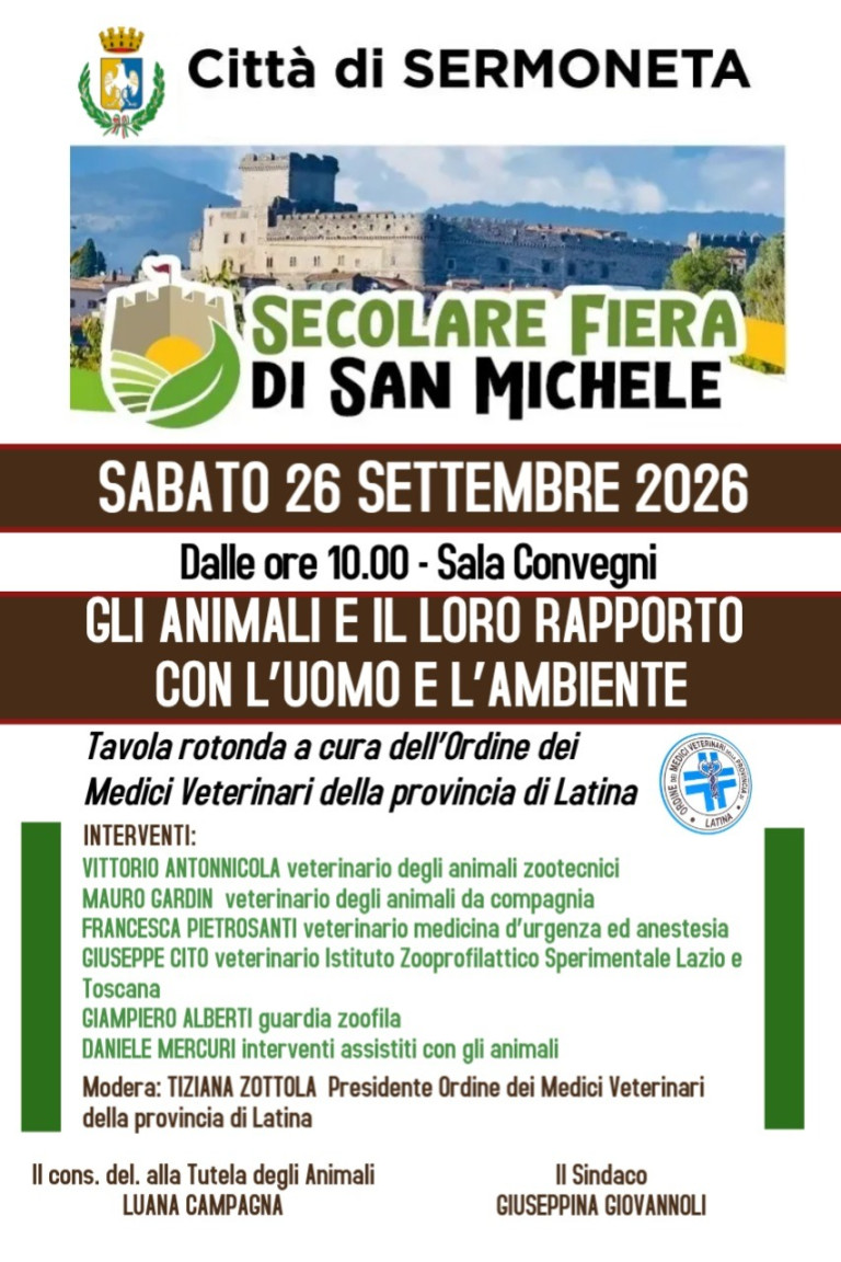 Invito alla partecipazione: Tavola rotonda OMV LT/Comune di Sermoneta: “Gli Animali e il loro rapporto con l’uomo e l’ambente” – 26/09/2026
